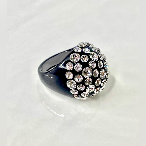 Women’s Black Acrylic Ring Embellished With Swarovski Crystal Stones, Dome Shape - Picture 8 of 15